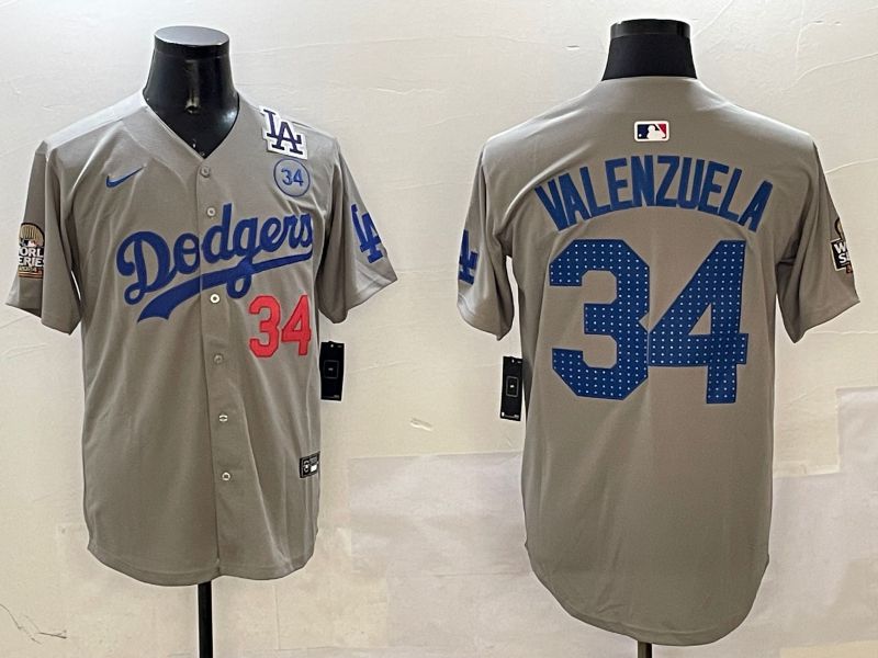 Men Los Angeles Dodgers 34 Valenzuela Grey Blue Fashion Game 2025 Nike MLB Jersey style 3261